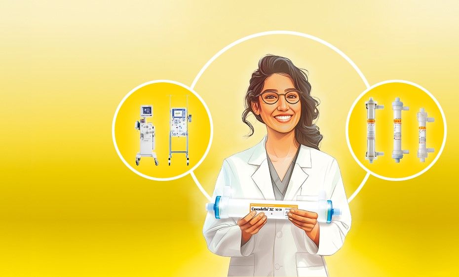 Eine lächelnde junge dunkelhaarige Krankenschwester hält einen Filter für Lipoproteinapheresen in Händen. Neben ihr sind symbolisch Geräte für die Apheresebehandlung und weitere, zusätzliche Filter zur Plasmaseparation dargestellt.